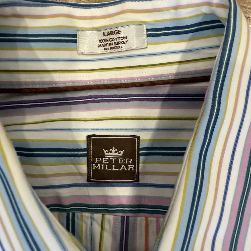 Peter Millar Pastel Stripe Button Up Shirt Mens Sz Large L Pink Blue Green - Picture 2 of 4